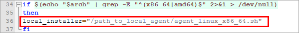 Ruta de acceso del instalador local en el instalador del script del agente de Linux Ruta de acceso del instalador local en el instalador del script del agente de Linux