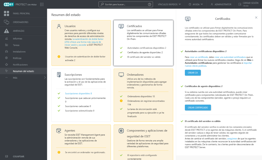 Certificados en Resumen del estado Certificados en Resumen del estado
