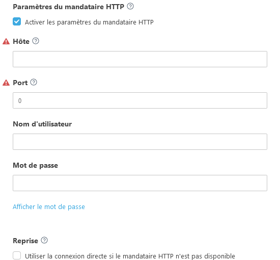 Paramètres du mandataire HTTP Paramètres du mandataire HTTP