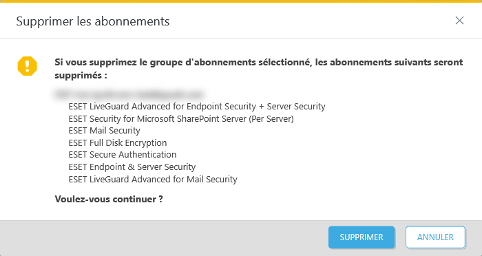 Suppression de l'abonnement sélectionné Suppression de l'abonnement sélectionné