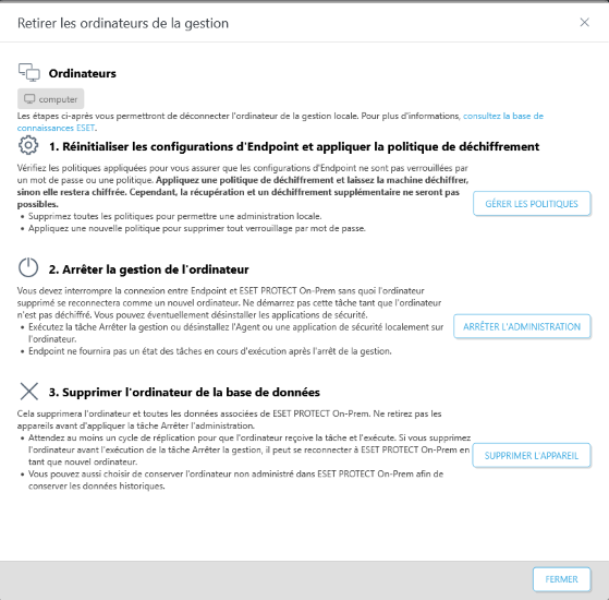 Supprimer l'ordinateur de la gestion Supprimer l'ordinateur de la gestion