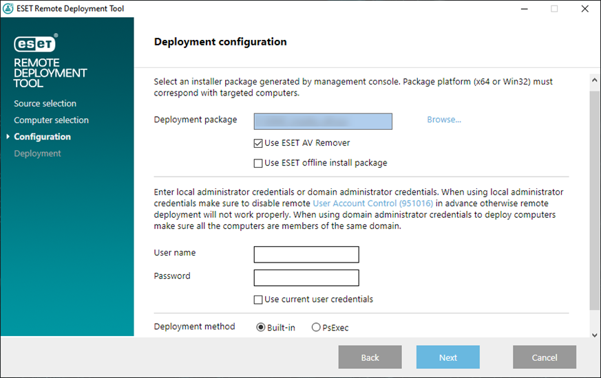Konfiguracija instalacije u ESET-ovom alatu Remote Deployment Tool