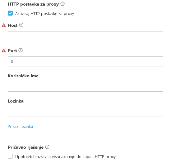HTTP postavke za proxy HTTP postavke za proxy