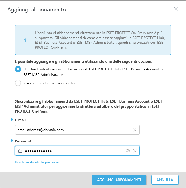 Opzione ESET PROTECT Hub, ESET Business Account o ESET MSP Administrator selezionata