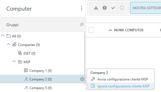 Ignora configurazione cliente MSP