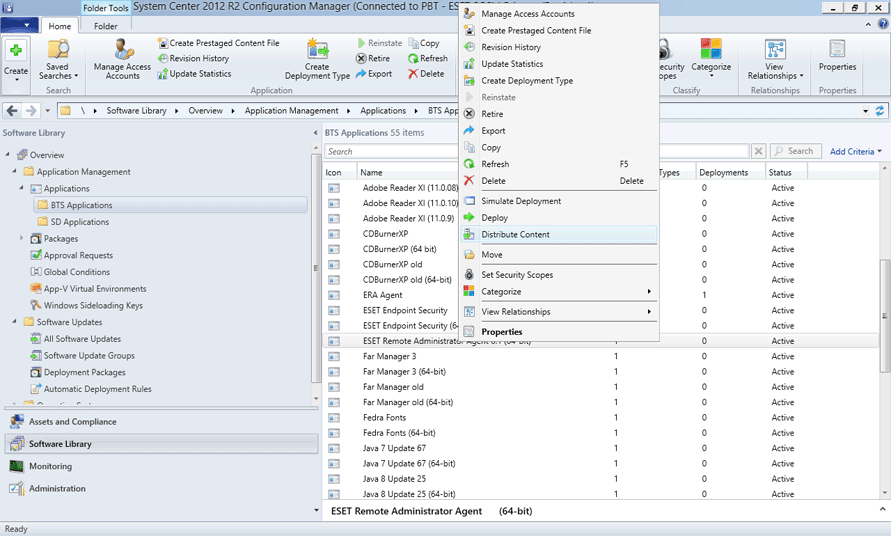 System Center에서 ESET Management Agent를 오른쪽 마우스 버튼으로 클릭하고 콘텐츠 배포를 선택합니다.