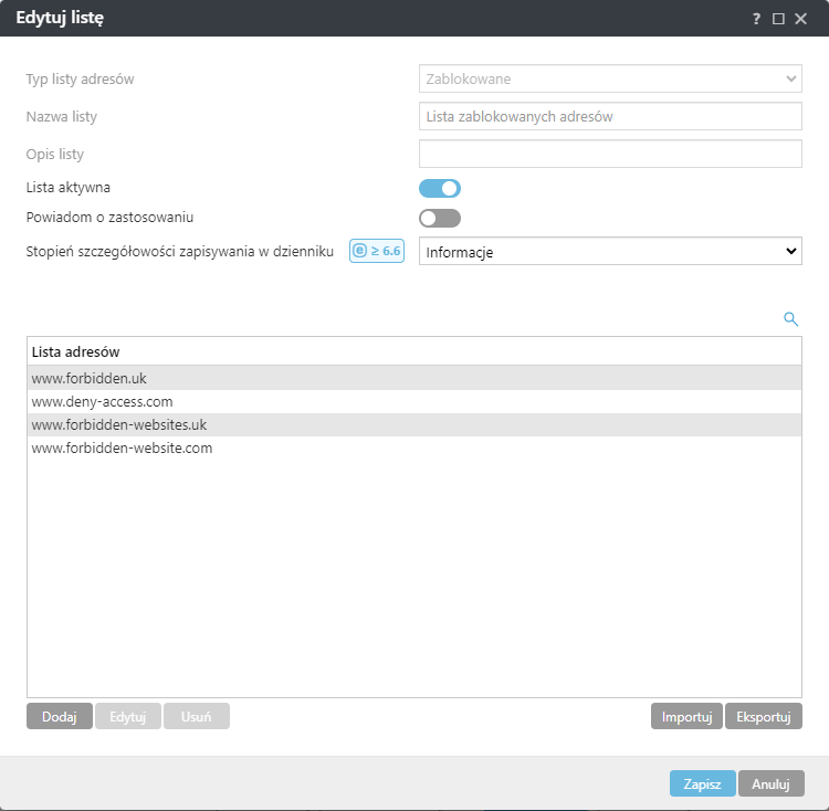 Przykład edycji listy.