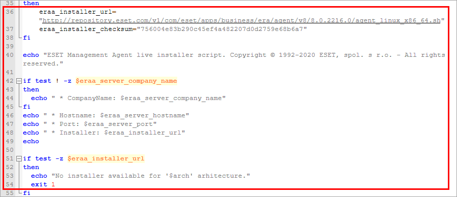 Linhas de código originais com o caminho do instalador no instalador de script do Agente Linux