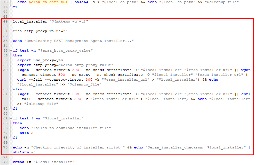 Linhas a serem removidas (download do instalador) no instalador de script do Agente Linux