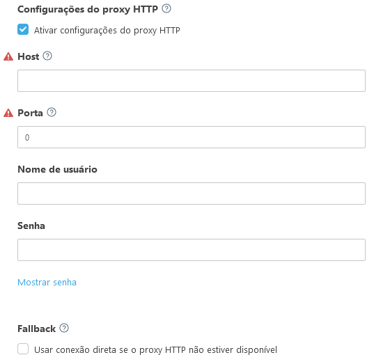 Configurações do proxy HTTP Configurações do proxy HTTP