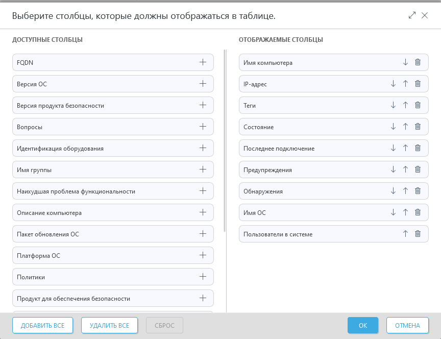 Изменить столбцы Изменить столбцы