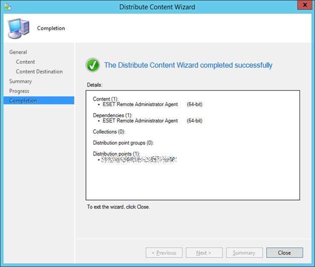 Proces v nástroji Distribute Content Wizard bol úspešne dokončený.