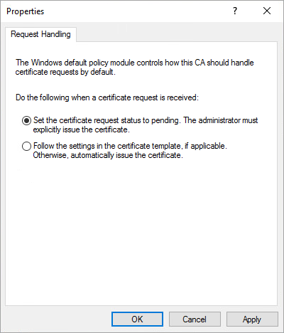 Vyberte možnosť Set the certificate request status to pending.