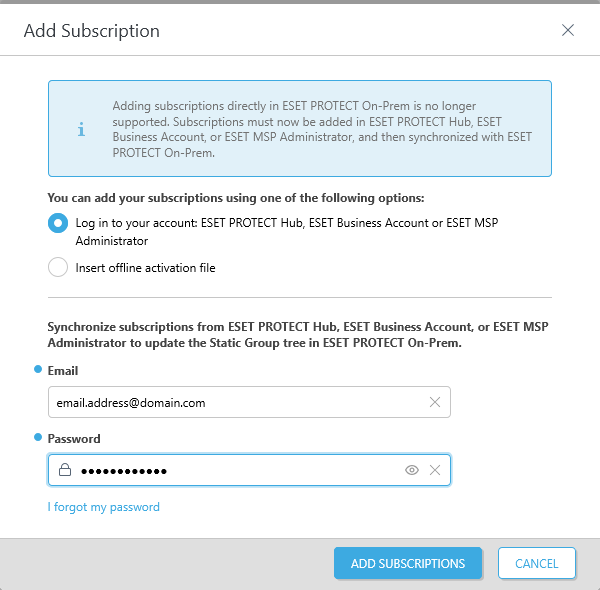تم تحديد الخيار ESET PROTECT Hub، أو ESET Business Account، أو ESET MSP Administrator