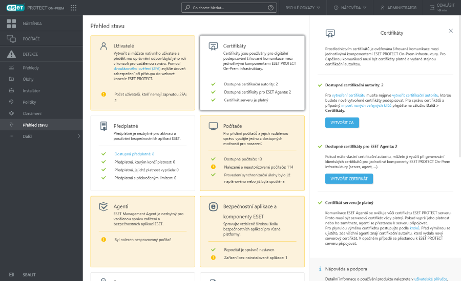 Certifikáty v sekci Přehled stavu