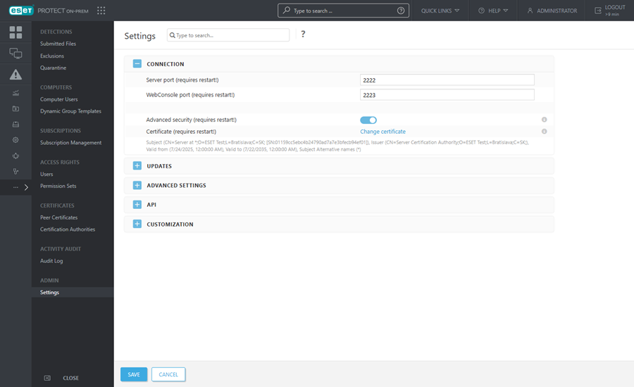 Connection in Admin Settings Connection in Admin Settings