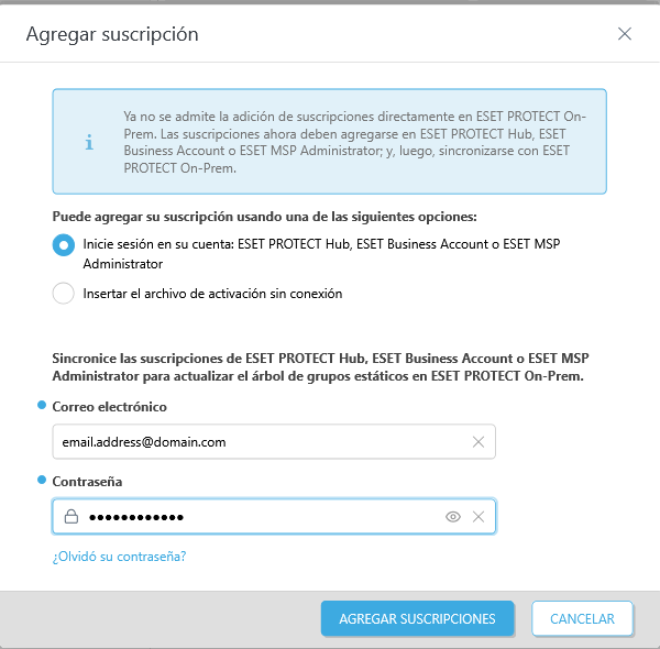 Se seleccionó la opción ESET PROTECT Hub, ESET Business Account o ESET MSP Administrator Se seleccionó la opción ESET PROTECT Hub, ESET Business Account o ESET MSP Administrator