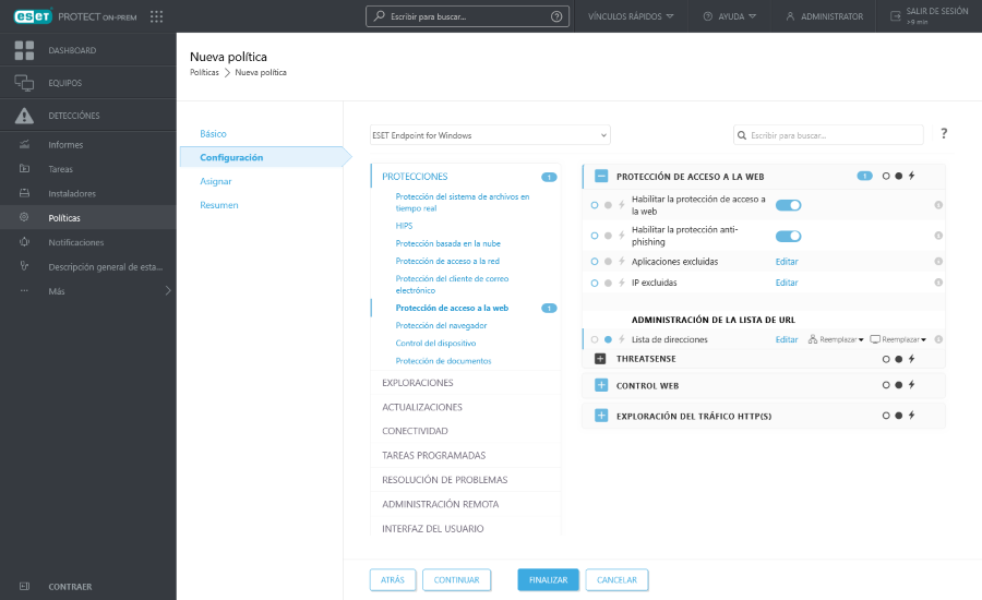 Protecciones en la configuración de la nueva directiva