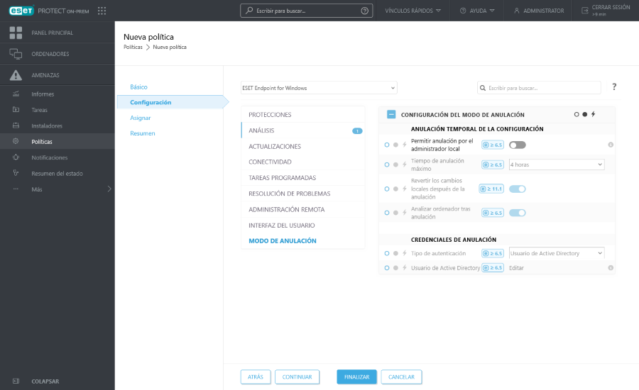 Modo de anulación en la configuración de la nueva política Modo de anulación en la configuración de la nueva política