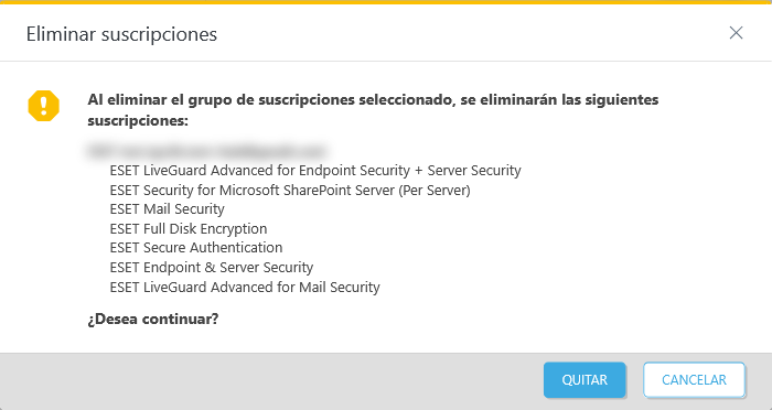 Eliminación de la suscripción seleccionada