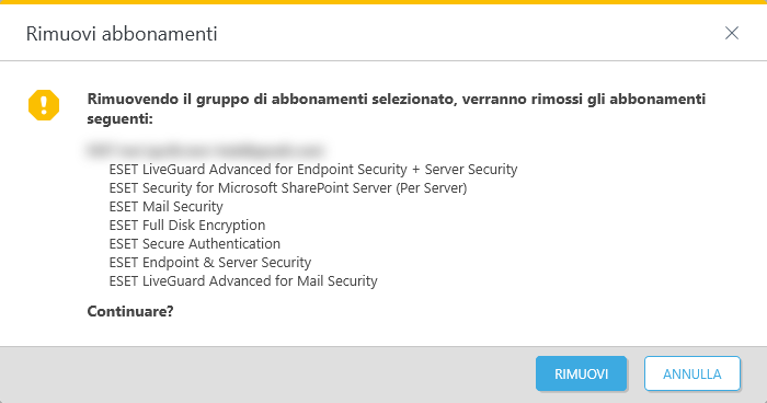Rimozione di un abbonamento selezionato