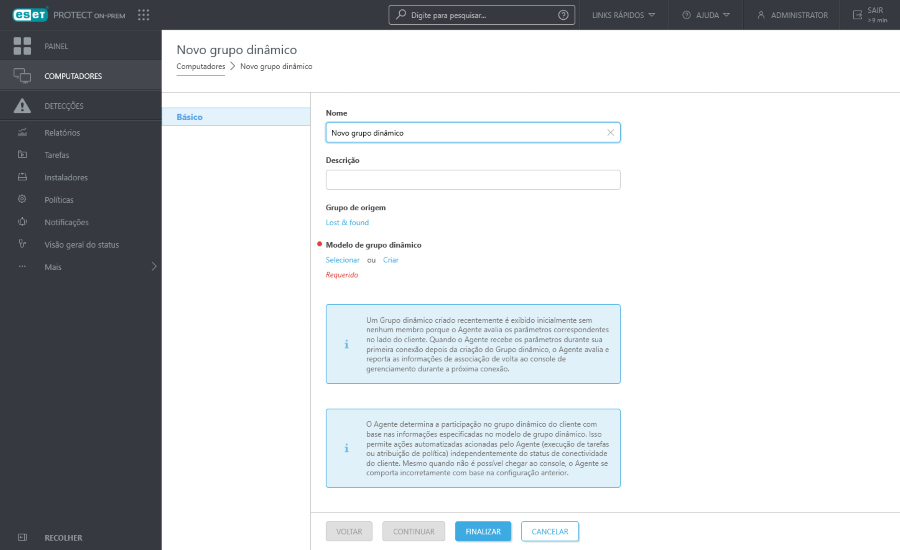 Nome, descrição, grupo principal e modelo de grupo dinâmico para o novo grupo dinâmico