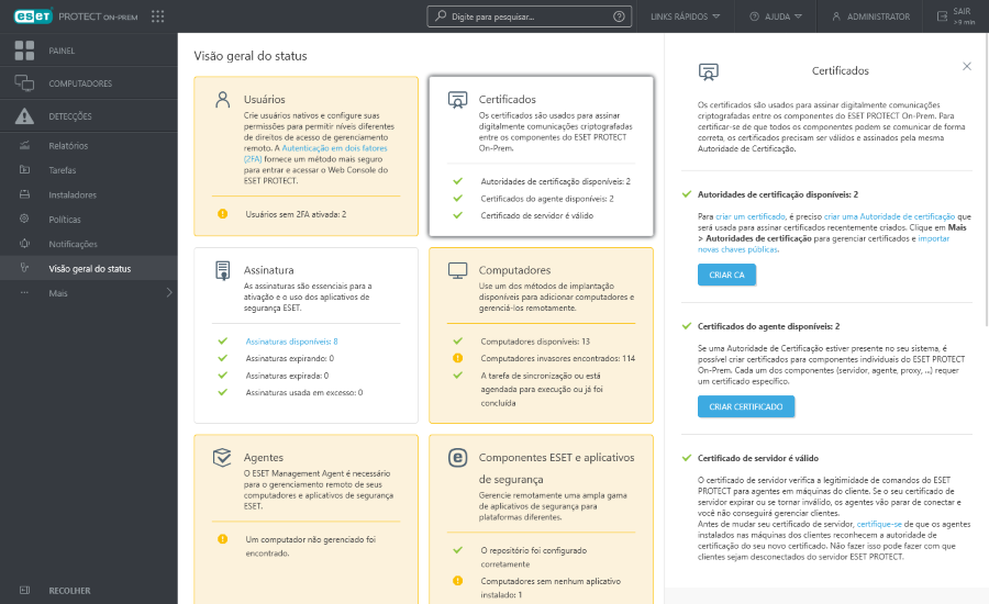 Certificados em Visão geral do status
