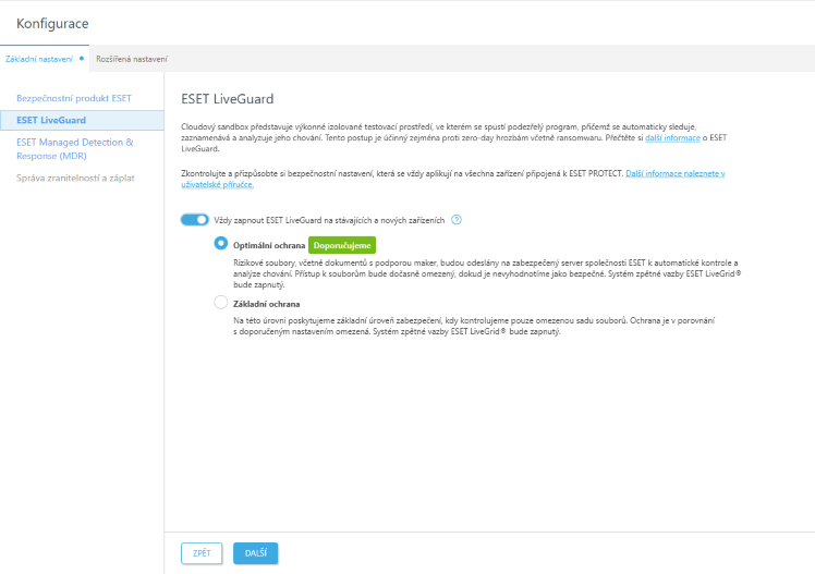 Nastavení ochrany ESET LiveGuard.