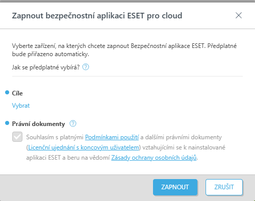 Zapnutí cloudové bezpečnostní aplikace ESET.