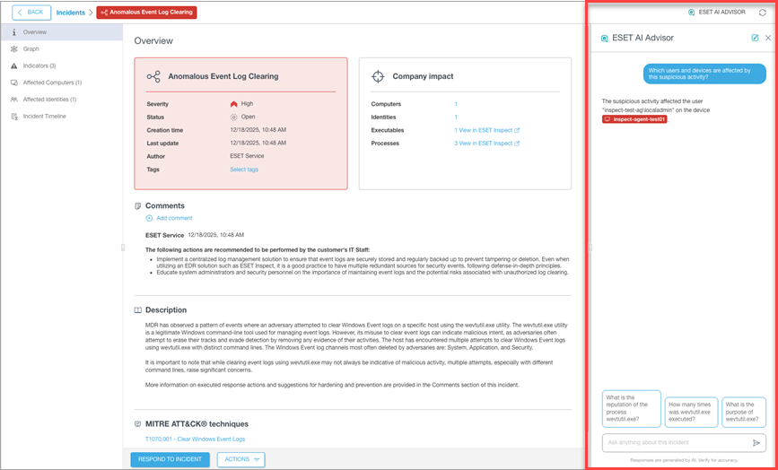 ESET AI Advisor bei Incidents