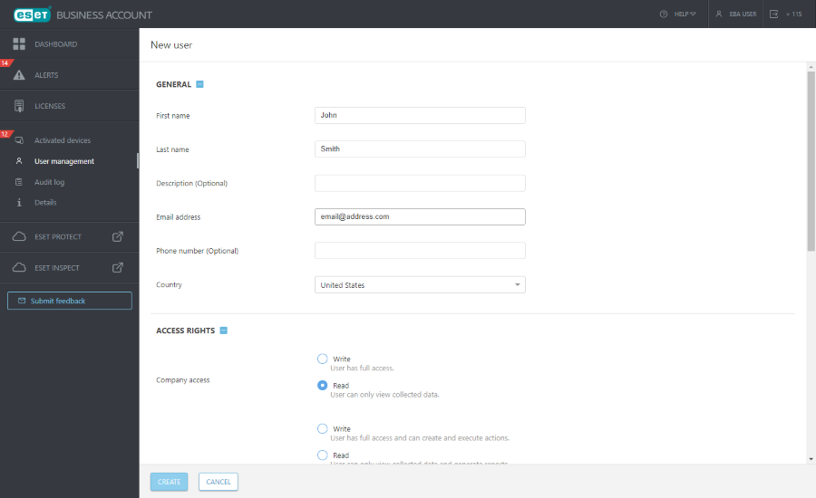 Create a new ESET PROTECT user in ESET Business Account, ESET PROTECT