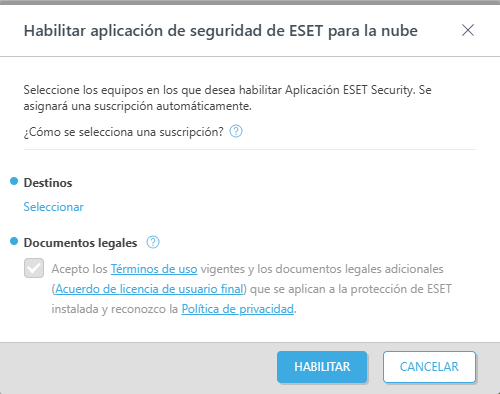 Habilitar aplicación de seguridad de ESET para la nube.