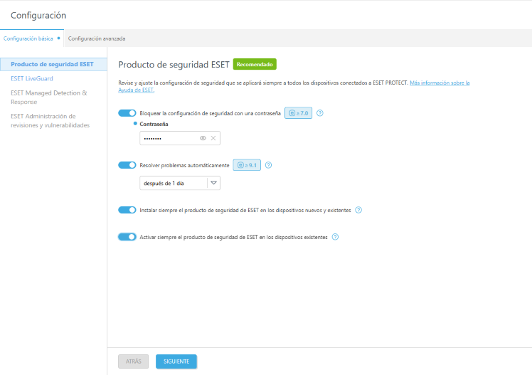 Configure la protección del producto de seguridad de ESET.