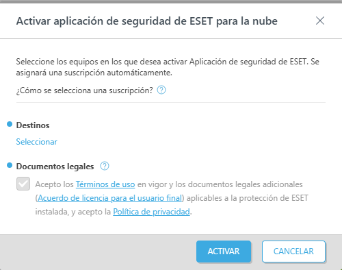 Activar aplicación de seguridad de ESET para la nube.
