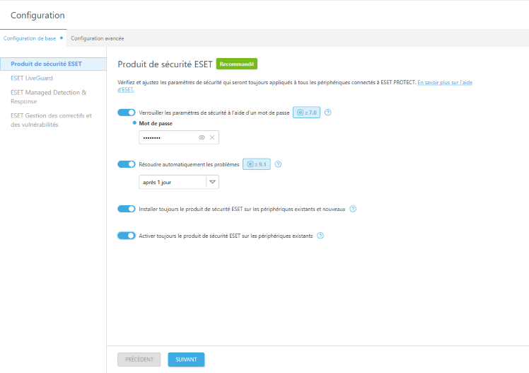 Configurez la protection du produit de sécurité ESET.