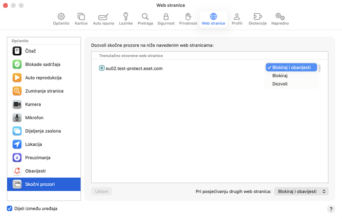 Blokirajte skočne prozore.