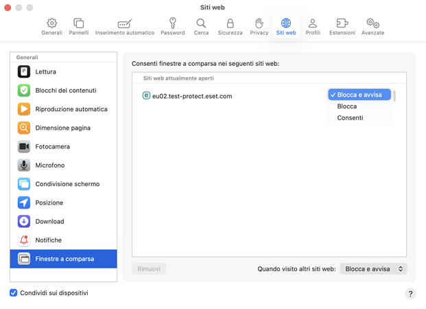Bloccare le finestre a scomparsa.