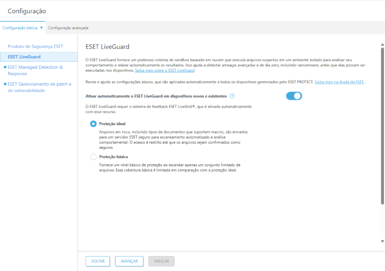 Configurar proteção ESET LiveGuard. Configurar proteção ESET LiveGuard.
