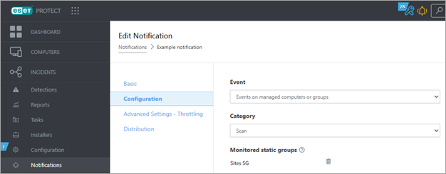 Configuração na notificação de edição