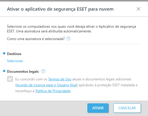 Ativar o aplicativo de segurança ESET para nuvem.