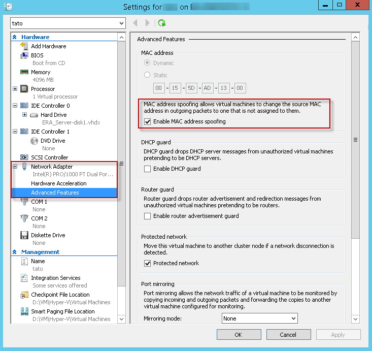 Включите MAC-спуфинг в Hyper-V Manager.