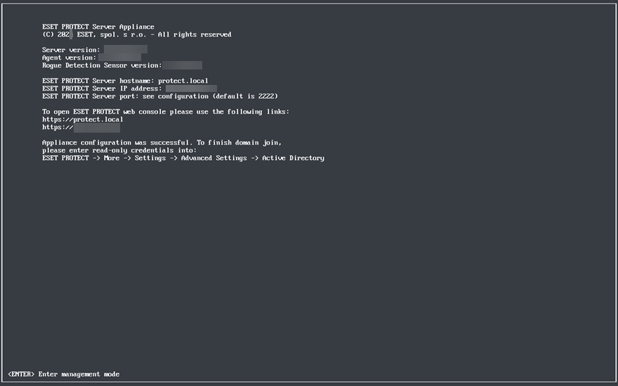 Konsole der virtuellen ESET PROTECT Server Appliance mit Statusinformationen