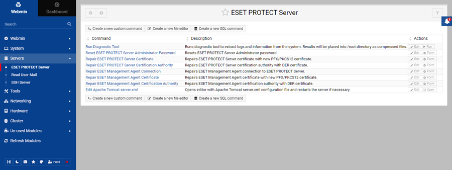 Servers modules in Webmin
