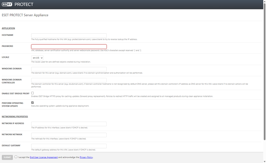 La configuración inicial del aparato virtual del servidor de ESET PROTECT
