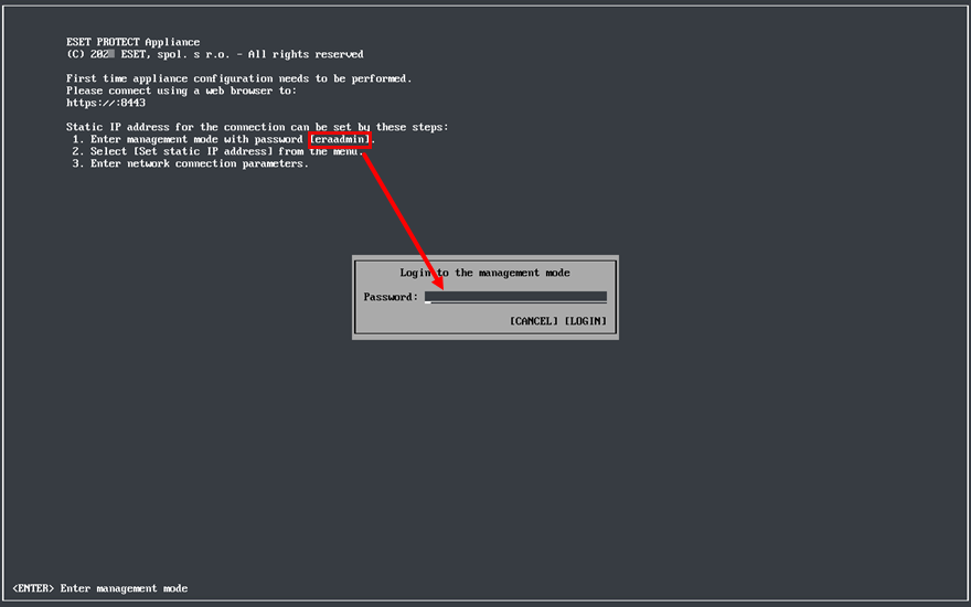 Prijavite se u način za upravljanje s konzole ESET PROTECT virtualnog uređaja. Prijavite se u način za upravljanje s konzole ESET PROTECT virtualnog uređaja.