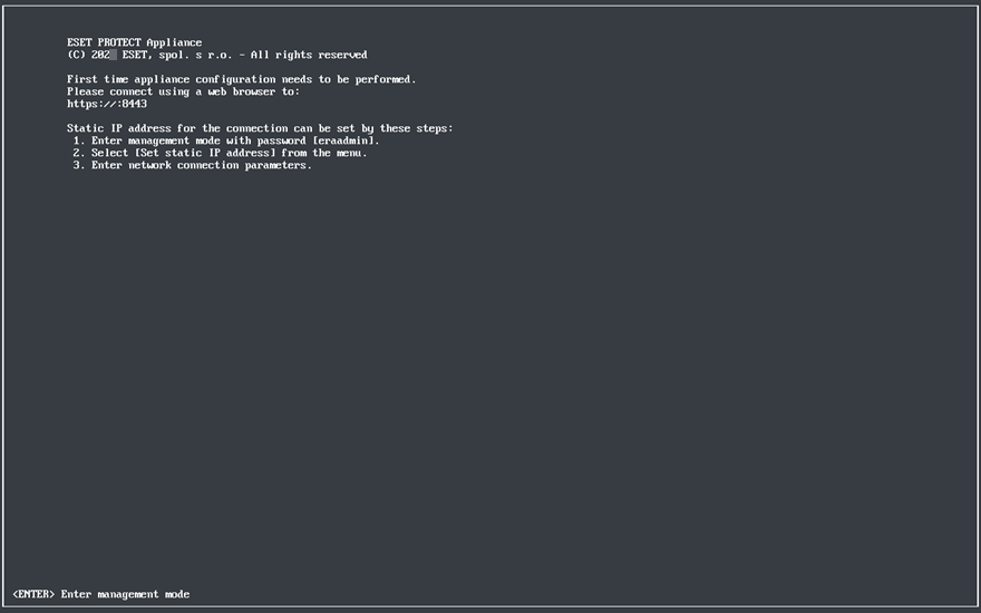 The ESET PROTECT Server Virtual Appliance first time configuration without the assigned IP address