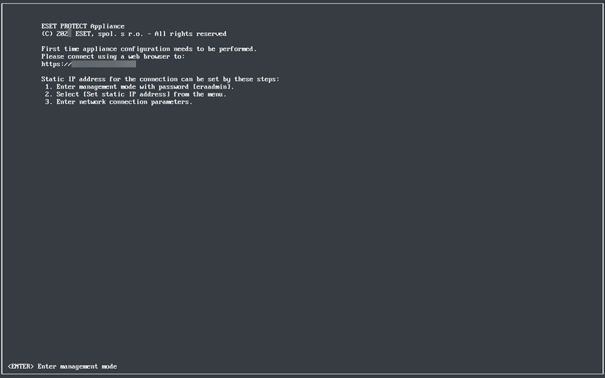 The ESET PROTECT Server Virtual Appliance first time configuration.