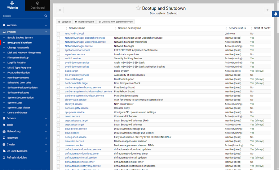 Modules système dans Webmin