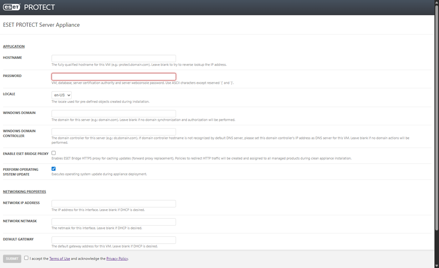 Первоначальная настройка виртуального устройства сервера ESET PROTECT