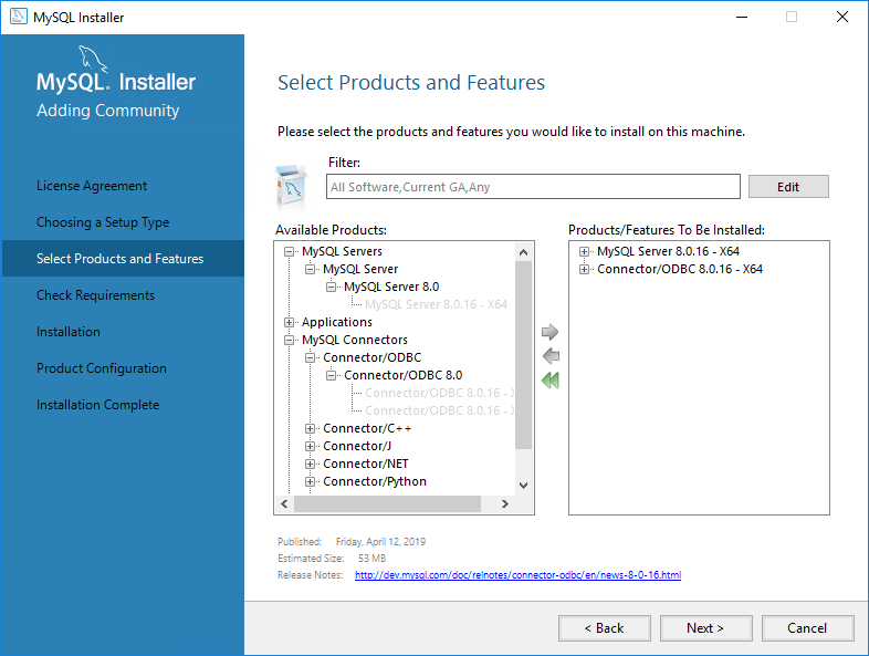Select product and features in the MySQL installer.